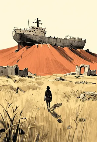A lone figure walks through tall, dry grass toward a large wrecked ship perched on an orange hillside with scattered ruins under a pale sky, rendered in Kibromoks art style.