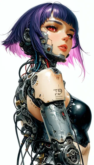 Highly detailed cyberpunk portrait of a female android with short pink and purple hair, glowing red eyes, and intricate mechanical body parts against a white background.