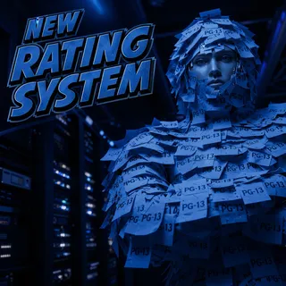 Photorealistic humanoid robot completely covered in overlapping PG-13 sticky notes with only the metallic face exposed in a dark blue-lit server room.