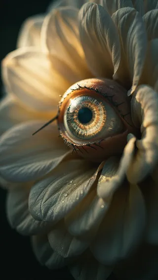Macro shot of a flower with layered petals softly backlit by warm sunlight, featuring a realistic human eye embedded at its center with detailed iris and reflections against a dark background.