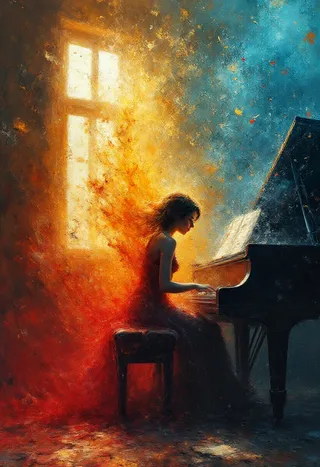 A female pianist in side profile playing a grand piano in a painterly room, bathed in warm golden and cool blue light with surreal flowing colors.