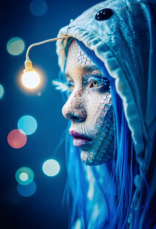 Extreme close-up side profile of an adult female with scaled facial skin wearing an angler fish hood with a glowing yellow lure, surrounded by colorful neon bokeh lights and atmospheric lighting.