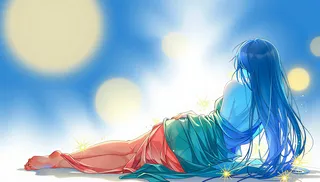 Digital line art illustration featuring a woman reclining on a soft surface, viewed from behind, with flowing long blue hair and silk fabric draping over her legs, surrounded by glowing bokeh lights and orbs on a white background.