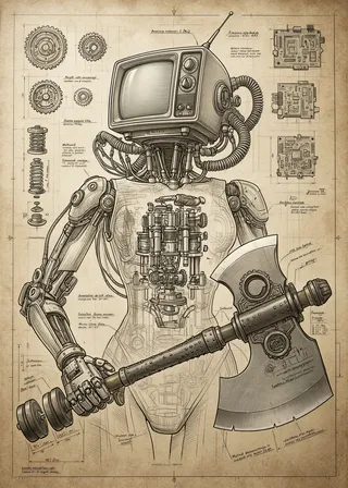 Intricate blueprint of a robotic woman featuring a vintage CRT television monitor as a head, detailed mechanical torso with exposed pistons and gears, and a battle ax held in a mechanical hand on aged sepia parchment.