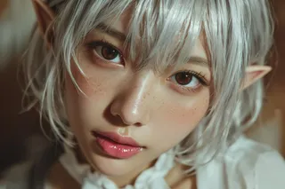 Extreme close-up of a young East Asian woman with silver-white hair, freckles, elf ears, and expressive brown eyes, softly lit in a warm background.
