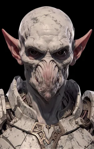 Hyper-realistic close-up portrait of an alien humanoid with pale, white marble textured skin, large pointed ears, and wearing elaborate segmented armor against a black background.