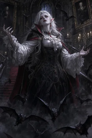 A vampire with pale skin and flowing white hair stands on the grand staircase of a dark gothic mansion, surrounded by swirling dark mist and bats.