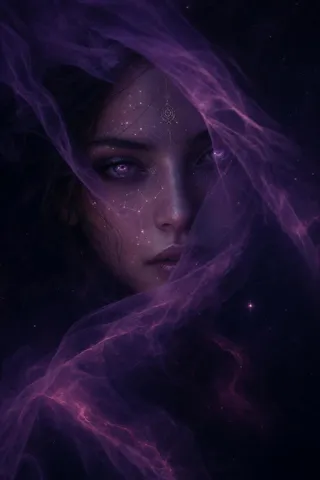 Close-up portrait of a woman partially hidden behind translucent purple smoke, with faint constellation patterns on her skin, glowing purple eyes, and a cosmic void background.