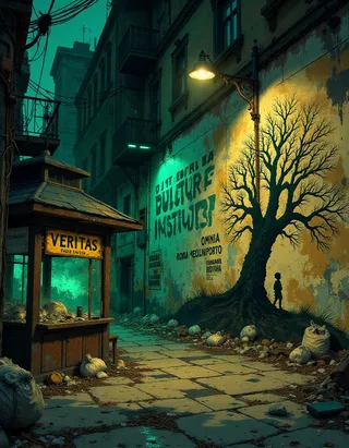 A vintage-style urban alleyway with old buildings, a glowing street lamp, a tree mural on a wall, trash bags scattered on the sidewalk, and the silhouette of a child.