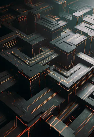 A highly detailed 3D geometric structure with intricate patterned lines glowing in orange, rendered with cinematic lighting and photorealistic effects.
