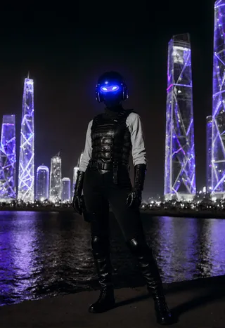 Black and white full-body image of an anthropomorphic female warrior wearing a leather combat vest and blue glowing helmet, standing by a sea shore illuminated by futuristic glass towers at night.