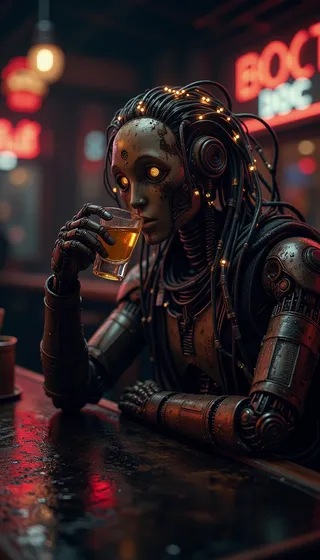 A weary robot with glowing power cables for hair sits at a dark, rain-streaked bar drinking a shot of amber-colored engine oil under flickering neon signs.