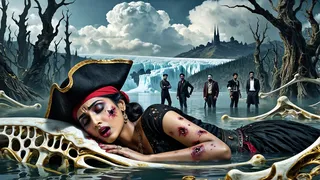 A wounded pirate woman in black dress and hat lies asleep on a golden skeletal structure in a mystical water setting with a frozen waterfall, dark twisted trees, and five mysterious men in the background under a dramatic cloudy sky.