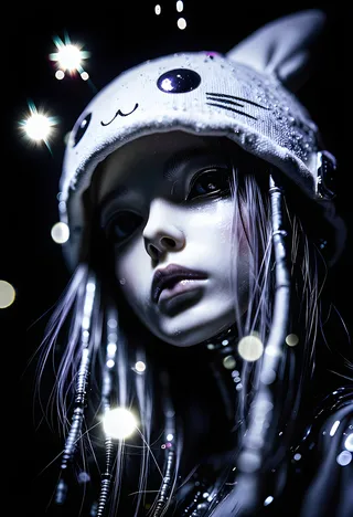 Close-up of a robotic android with white metallic skin wearing a white cartoon alien hoodie, illuminated by neon bokeh lights and atmospheric lighting in a dark background.