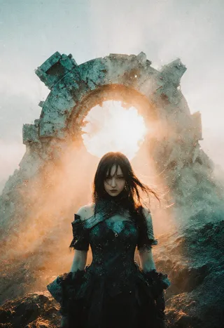 A dark fantasy scene with a female warrior in black armor standing before giant broken ancient machinery with a glowing core emitting light and surrounded by fog and dust.