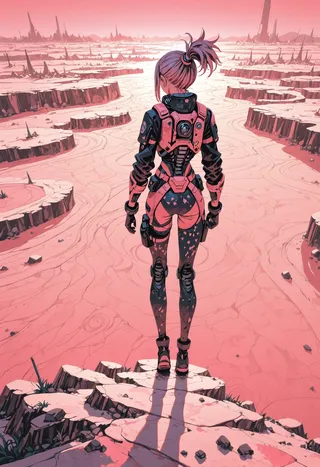 A woman in a pink and black sci-fi explorer suit stands on rocky terrain, overlooking a vast pink alien landscape with circular craters and jagged rock formations.