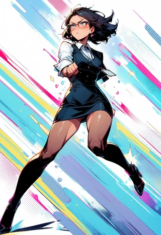 Digital illustration of an angry office woman wearing glasses and a short stylish dress, posed dynamically with motion-driven brush effects and colorful abstract background.