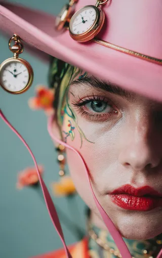 Close-up of a young woman with blue-green eyes wearing a pink hat decorated with vintage gold pocket watches, vibrant floral face paint, and glossy red lipstick.