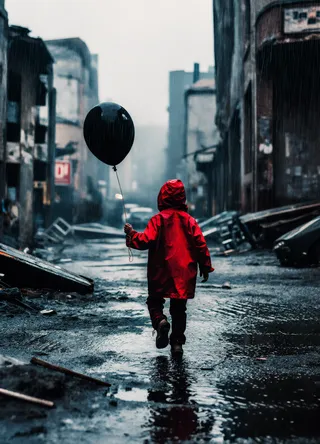 A photorealistic scene of a lone child wearing a vibrant red raincoat, holding a black balloon, walking down a rainy, flooded, desolate city street lined with dilapidated buildings.