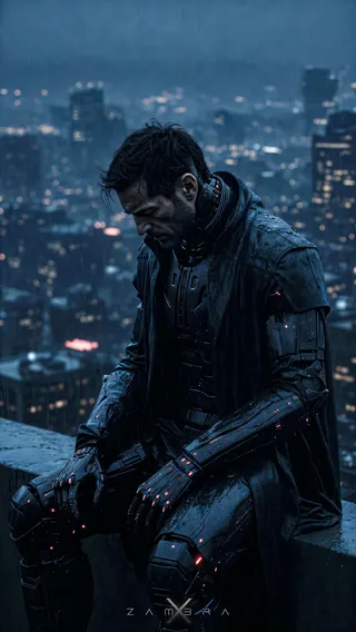 A middle-aged male cybernetic operative wearing dark tactical coat and advanced armor sits on a ledge overlooking a rainy, neon-lit cyberpunk city at night, head lowered in contemplation.