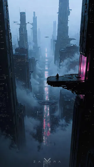 High-angle wide shot of a dense futuristic megacity canyon shrouded in fog with a lone silhouette figure seated on a cantilevered balcony on the far right, overlooking a neon-lit river corridor and towering skyscrapers under cinematic lighting.