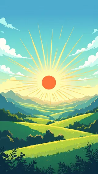 A landscape featuring rolling green hills under a blue sky with gentle clouds and a large stylized orange-red sun with radiant rays at the center.