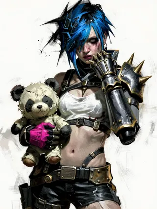 A cyberpunk warrior with spiky blue-black hair, wearing a torn white top and black utility shorts with metallic buckles, holding a battered plush panda and wearing a spiked armored gauntlet.