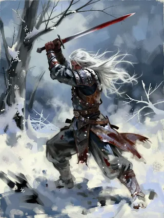 A lone warrior with flowing white hair raises a blood-stained sword amid a snowy, icy forest with barren trees in a dramatic painterly style.