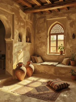 Sunlit ancient courtyard with earth-toned textured walls, terracotta jars, patterned rug, woven cushions, and wooden ceiling beams.