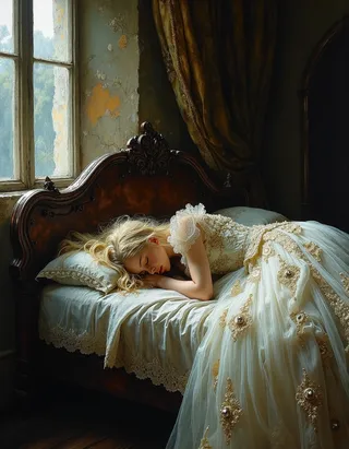 A young medieval princess with long pale blond hair sleeps serenely on an ornate bed in a dusty castle room filled with antique furnishings, moonlight casting an ethereal glow.