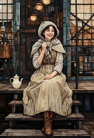 A cheerful young Victorian factory woman in simple work dress and shawl, smiling while seated on industrial factory steps with tea nearby, depicted in kaoYada art style with natural lighting.