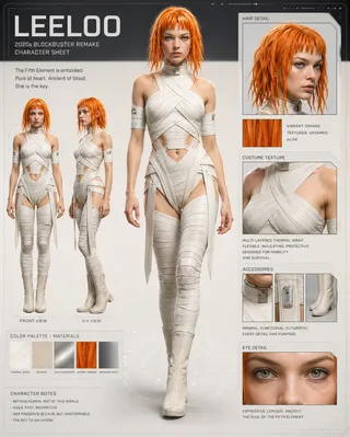 Detailed character sheet of Leeloo from a 2020s blockbuster remake featuring her vibrant orange hair and futuristic white thermal wrap costume with front and side views.