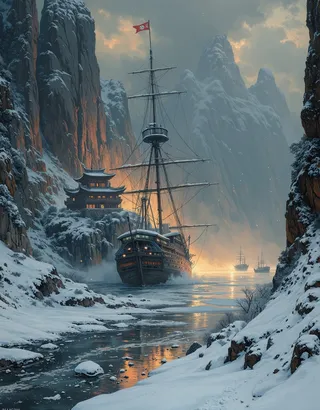 A colossal wrecked frigate grounded near snowy cliffs beside a traditional East Asian temple with glowing warm lights, under a moody overcast sky in winter.