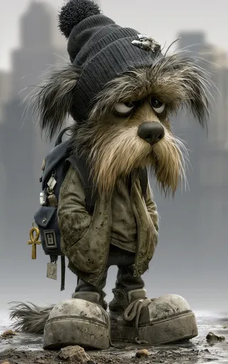 A highly detailed anthropomorphic dog with shaggy brown and gray fur wearing a dark knit beanie with pompom, a dirty green jacket, dark pants, and oversized dirty sneakers standing on a wet urban ground with blurred city buildings in the background.