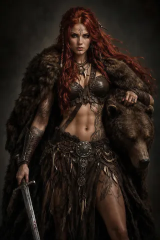 Fantasy warrior woman with flowing red hair, wearing a fur cloak and leather armor, adorned with tribal tattoos and holding a sword, standing beside a bear.