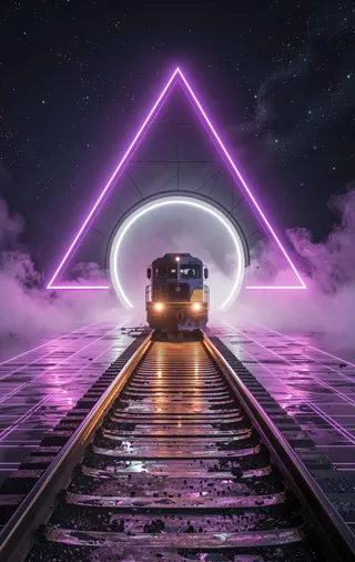 Night scene of train tracks leading to a glowing neon triangle tunnel with fog and reflections on wet rails