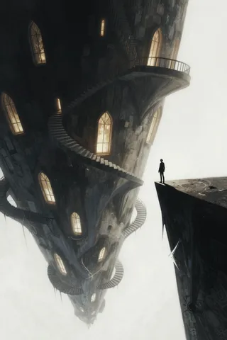 Dark, moody digital fantasy artwork showing an impossible architecture of melting geometry with spiral staircases and glowing windows in a boundless white void, featuring a lone silhouetted figure.