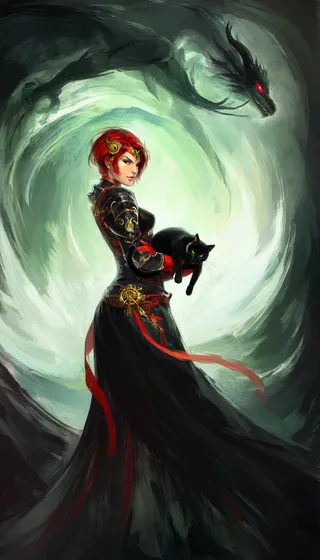 Digital fantasy artwork of a confident armored woman with red hair holding a black cat, standing in front of a dark swirling vortex with a menacing dragon behind her.