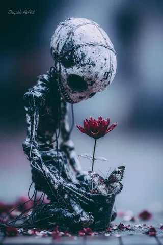 A whimsical gothic skeletal doll with thread-like limbs kneeling, holding a pot with a vibrant red flower and a translucent butterfly perched on it, set against a blurred, dreamlike background.