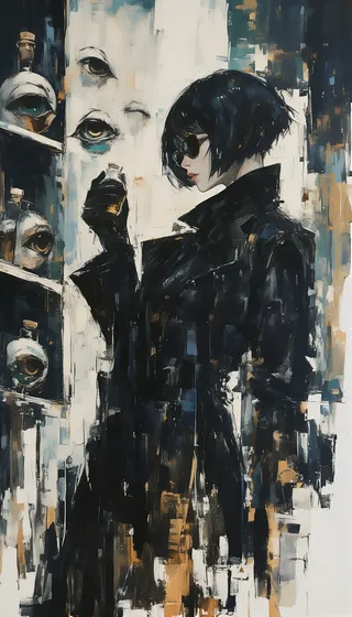 Abstract painting featuring a woman with short black hair and sunglasses holding a vial, surrounded by jars with mechanical eyes, rendered in dark tones and expressionist brushstrokes.
