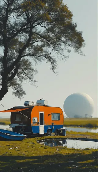 An orange and blue mobile home parked on grassy land near a small reflective pond, with a large white spherical structure and a sprawling tree canopy under a muted early morning sky.