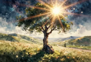 A solitary tree on a gentle hillside in a late-summer landscape, bathed in warm sunlight with a cosmic sky backdrop and a worn backpack resting at its base.