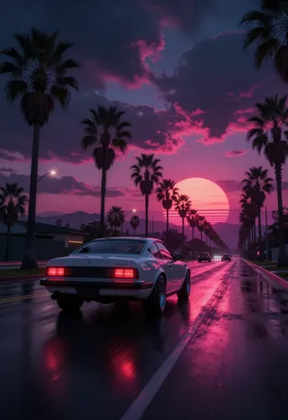 Matte metallic gray 1980s sports car driving on wet boulevard lined with silhouetted palm trees under a neon pink and magenta glowing sunset with a stylized sun and dramatic skies.