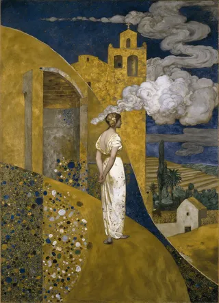 A magic realism painting of a Renaissance courtesan in a white dress standing on golden hills near a Mediterranean rural church with a midnight blue sky and swirling clouds of smoke, rendered in yellow and midnight blue tones with intricate ebru designs.