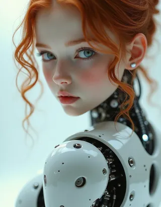 Close-up portrait of a realistic cyborg girl with delicate red hair curls, striking blue eyes, and white ceramic robotic shoulder, featuring detailed mechanical parts.