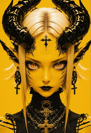 A hyper-realistic fantasy portrait of a demon girl with yellow skin, black horns, intense orange eyes, and black makeup standing against a solid yellow background.