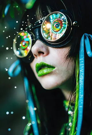 Extreme close-up of a person with ashy skin wearing aviator goggles with colorful reptilian lenses, bright green lipstick, long black hair with vibrant green streaks, and blue ribbons, surrounded by neon bokeh light effects.