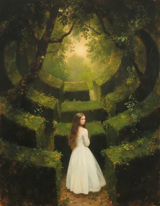 A young, pale princess in a white dress stands inside an overgrown, green labyrinth, looking back sadly with delicate, intricate details in a storybook, dreamlike oil painting style.