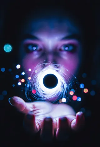 Extreme close-up of a hand holding a glowing black hole spacial vortex surrounded by neon-colored bokeh lights with purple skin and mysterious lighting.