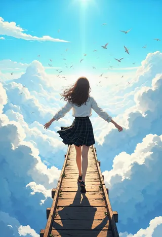 A woman with long brown hair in a white blouse and black checkered skirt walks on a narrow wooden bridge high above clouds under a bright blue sky filled with soaring birds.
